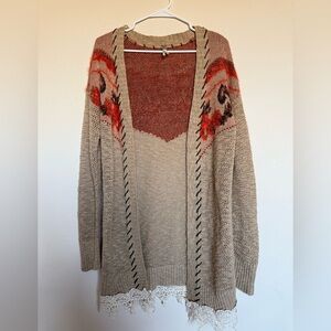 Gimmicks by BKE Embroidered Long-Line Open Cardigan Tan/Orange Medium